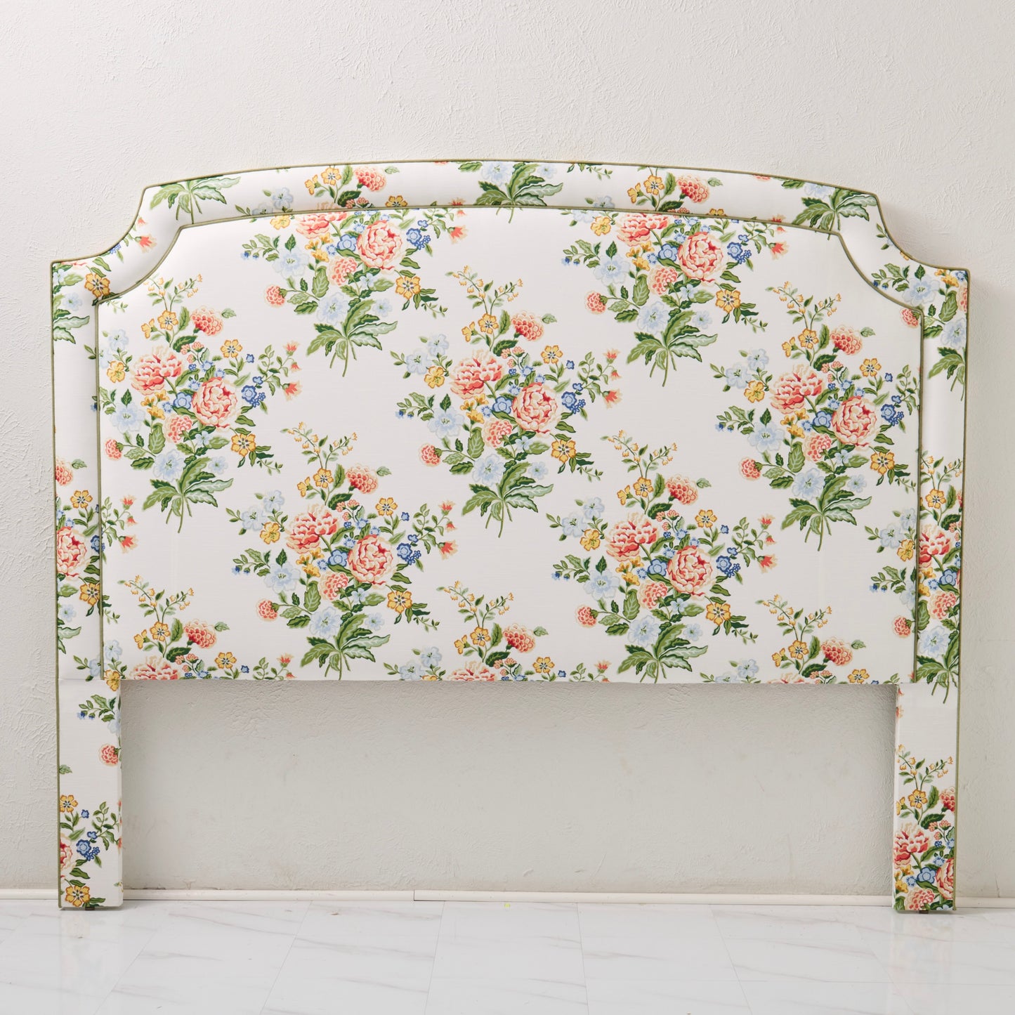 The Aliana King Headboard - Fabricut Floral Bouquet Fabric - Green Trim