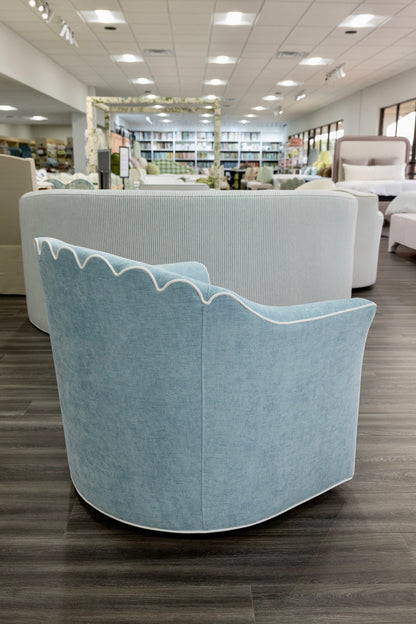 The Teresa Swivel Chair: Seafoam Blue Performance Fabric - White Trim