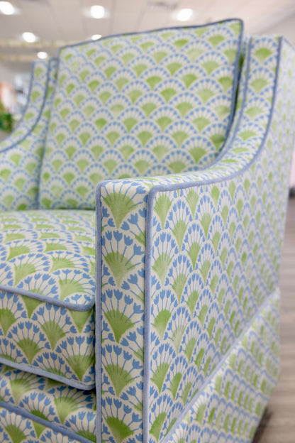 Custom Swivel Glider Chair – Floral Green / Blue Fabric with Blue Trim