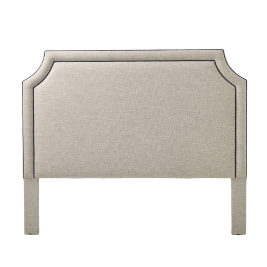 65"H King Headboard in Neutral Linen Fabric - Navy Trim