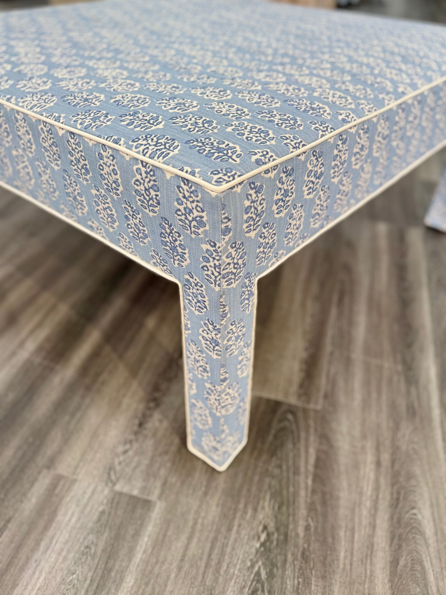 Custom Upholstered Bench in Perry Blue Floral Fabric