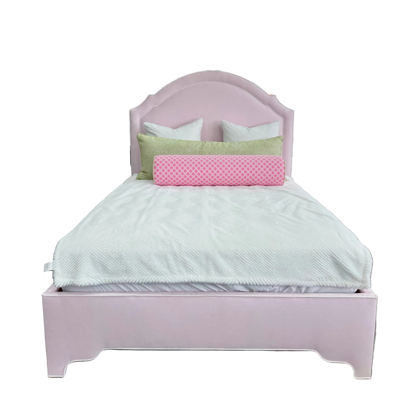 The Grace Queen Bed - Scalloped Legs - Powder Pink Woven Fabric - White Pink