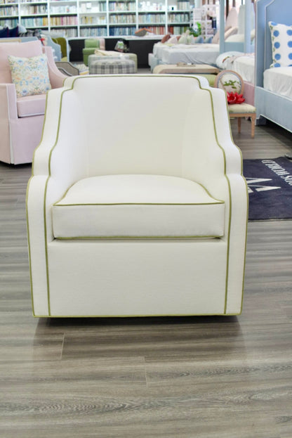Custom Scalloped Swivel Chair: White Performance Fabric - Pistachio Green Trim