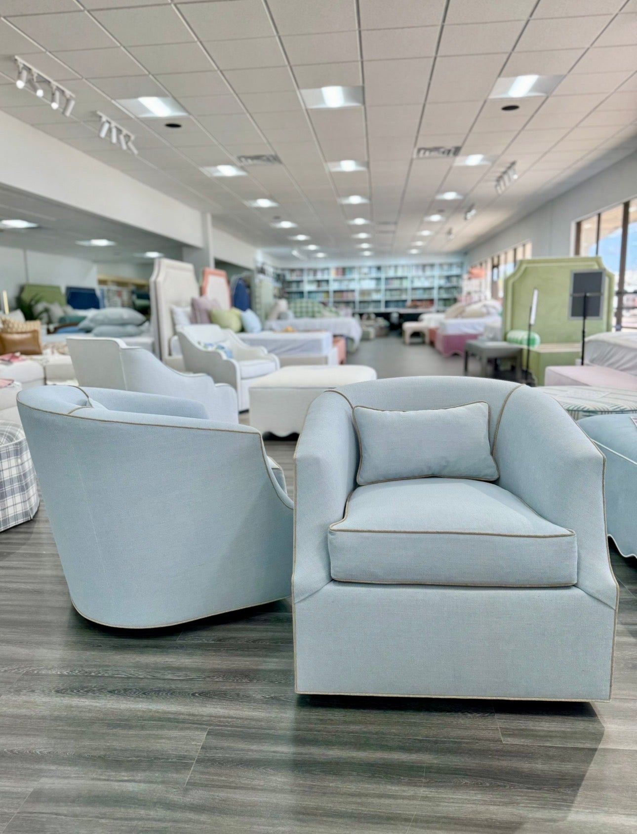 Custom Swivel Chair -  Performance Crypton Fabric in Light Blue - Mushroom Trim