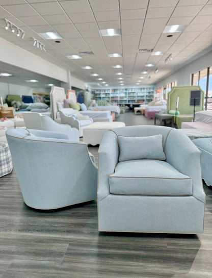 Custom Swivel Chair -  Performance Crypton Fabric in Light Blue - Mushroom Trim