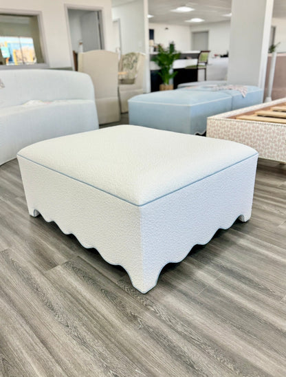 Scalloped Ottoman / Coffee table in White Boucle Fabric - Sky Blue Trim