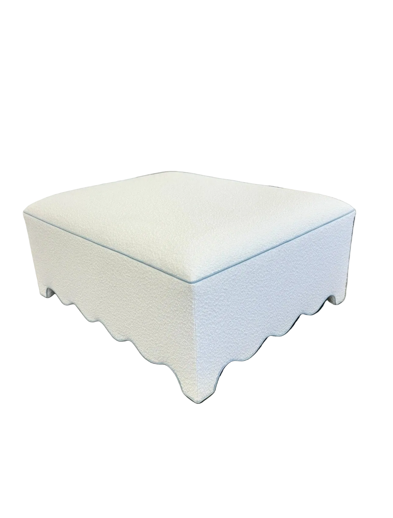 Scalloped Ottoman / Coffee table in White Boucle Fabric - Sky Blue Trim
