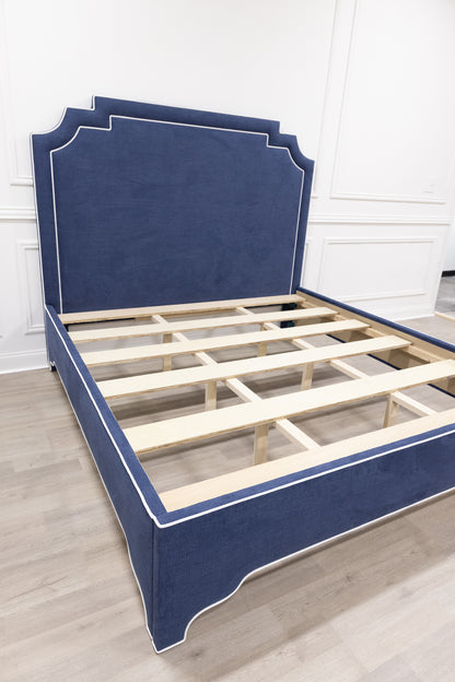 The Martha King Bed - Upholstered Legs - Navy Blue Woven Fabric - White Trim