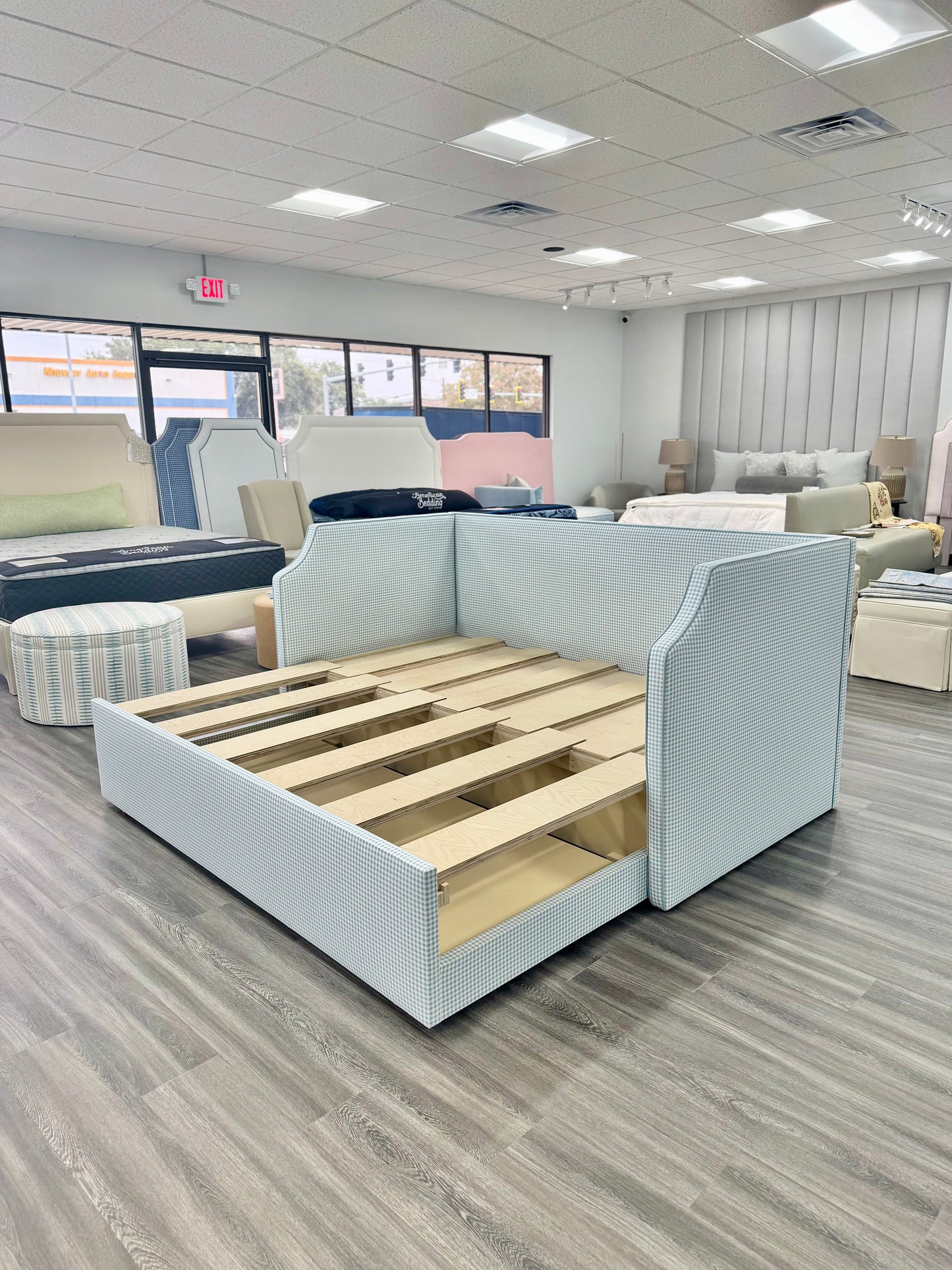 Twin to king Upholstered Trundle Daybed in Blue Gingham fabric - Sky Blue Trim