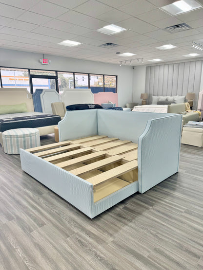 Twin to king Upholstered Trundle Daybed in Blue Gingham fabric - Sky Blue Trim