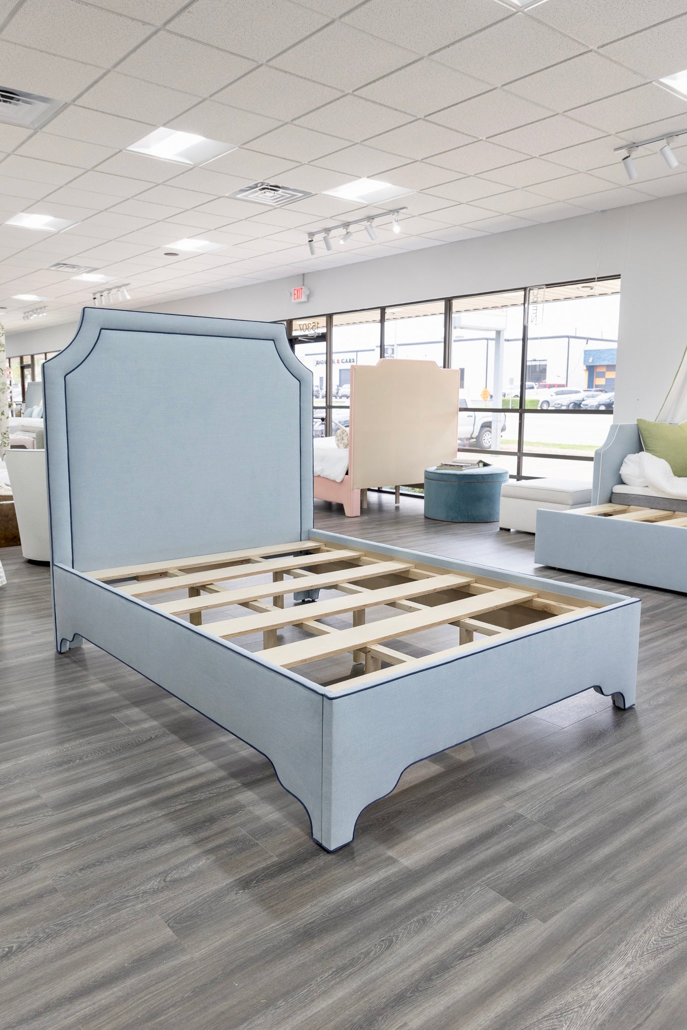 65”H Queen Platform Upholstered Bed - Sky Blue Woven Fabric - Navy Trim