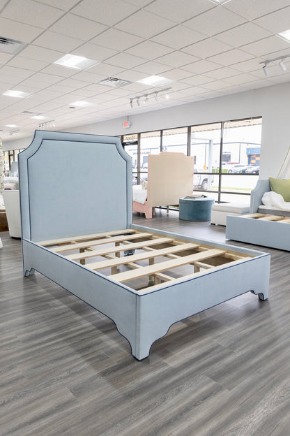 65”H Queen Platform Upholstered Bed - Sky Blue Woven Fabric - Navy Trim