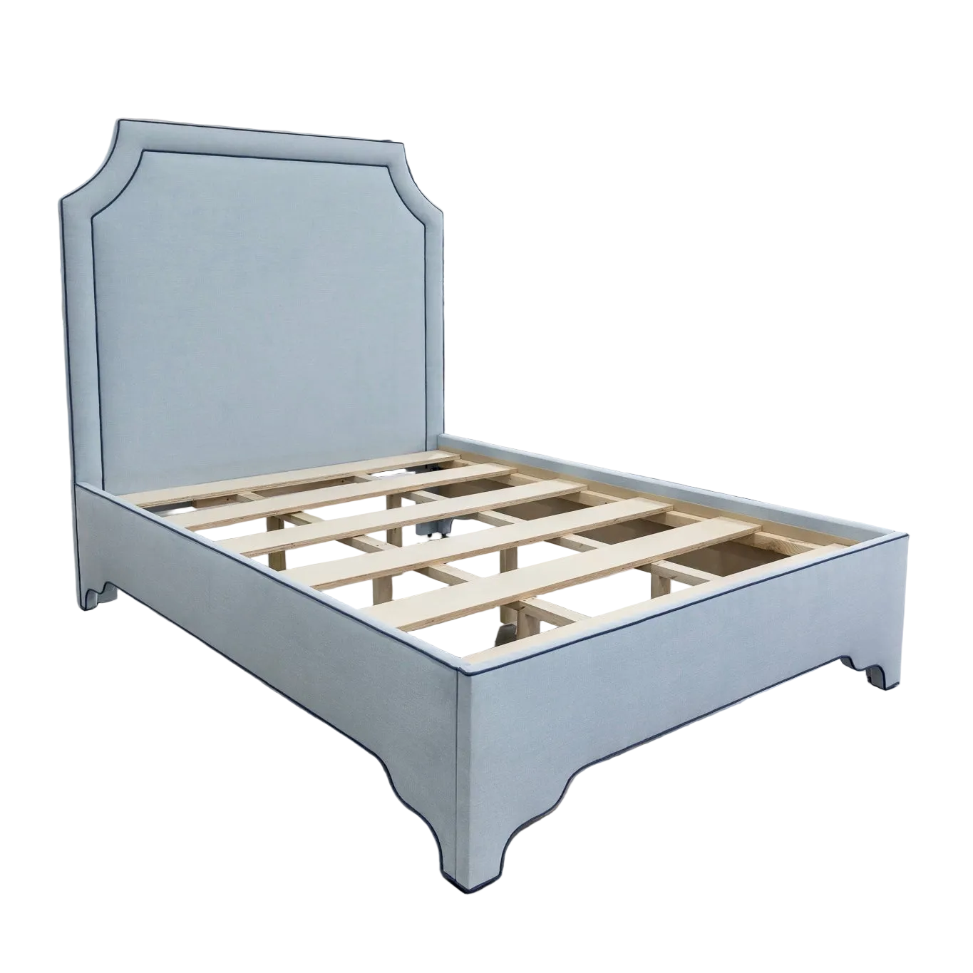 65”H Queen Platform Upholstered Bed - Sky Blue Woven Fabric - Navy Trim