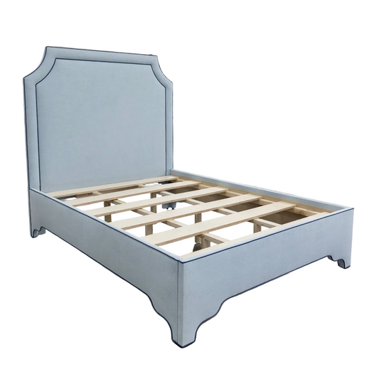 65”H Queen Platform Upholstered Bed - Sky Blue Woven Fabric - Navy Trim
