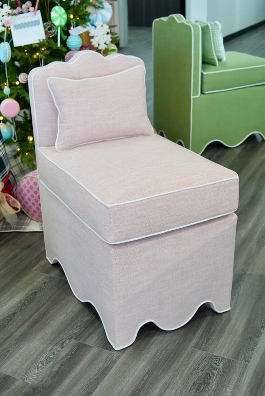 Custom Scalloped Upholstered Chair – Pink with White Piping