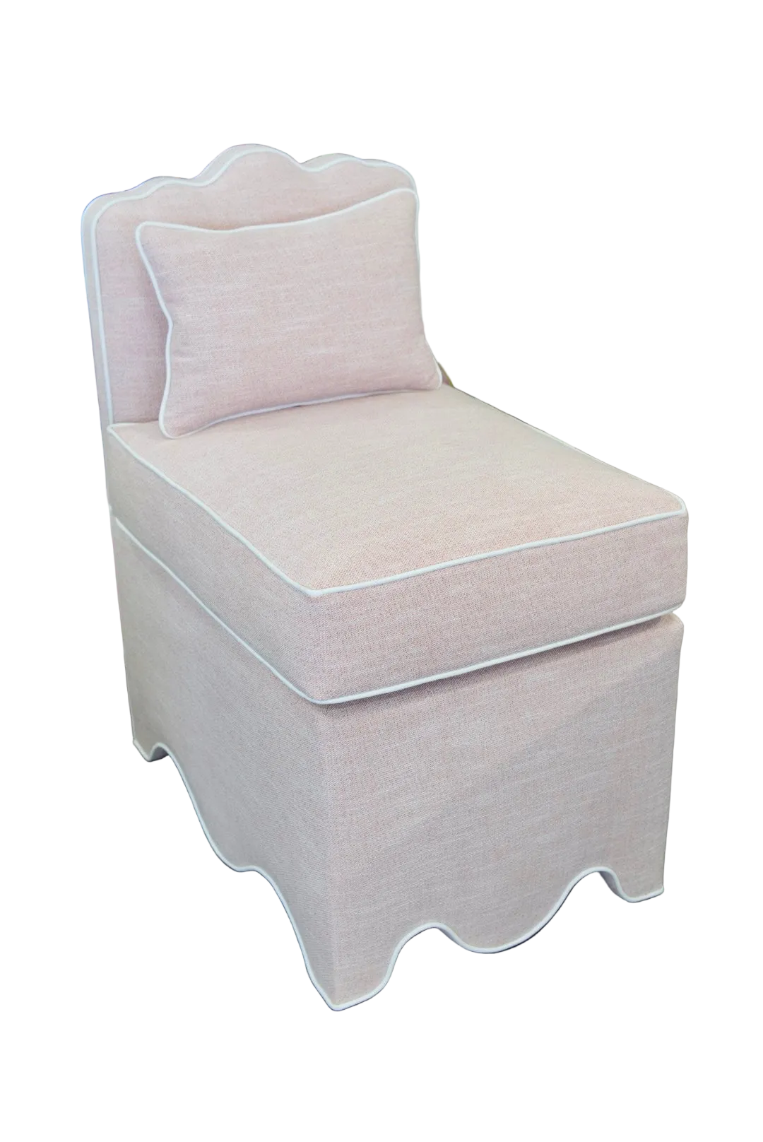 Custom Scalloped Upholstered Chair – Pink with White Piping