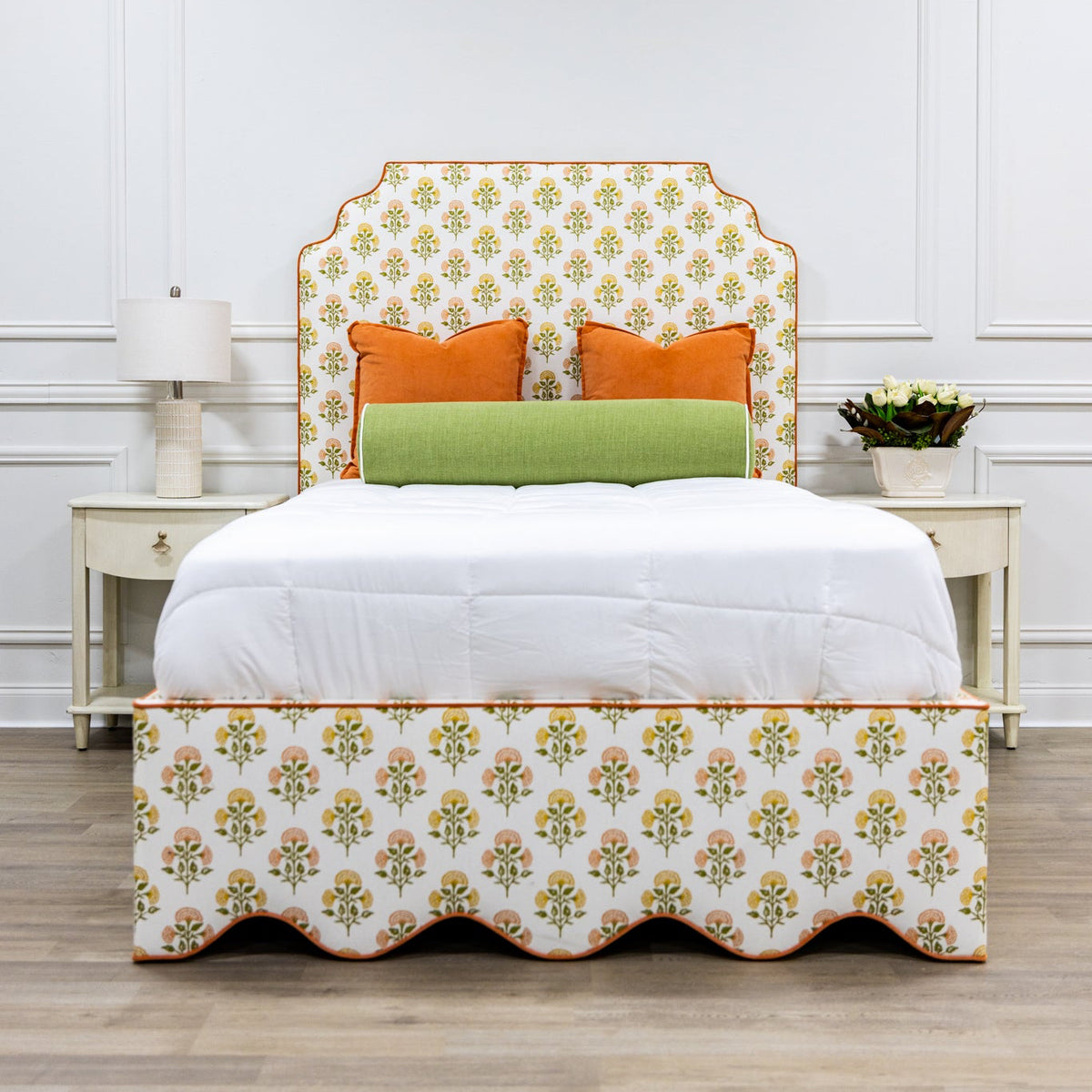 The Waverly Full Bed - Scalloped Base Farah Helena Fabric - Papaya Trim