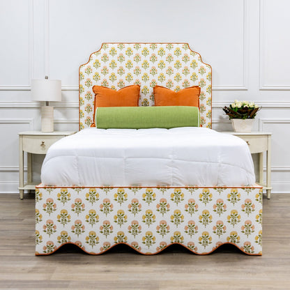 The Waverly Full Bed - Scalloped Base Farah Helena Fabric - Papaya Trim