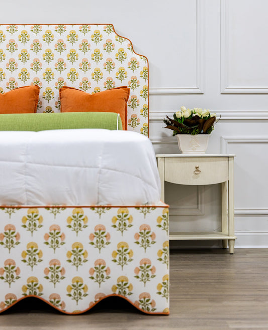 The Waverly Full Bed - Scalloped Base Farah Helena Fabric - Papaya Trim