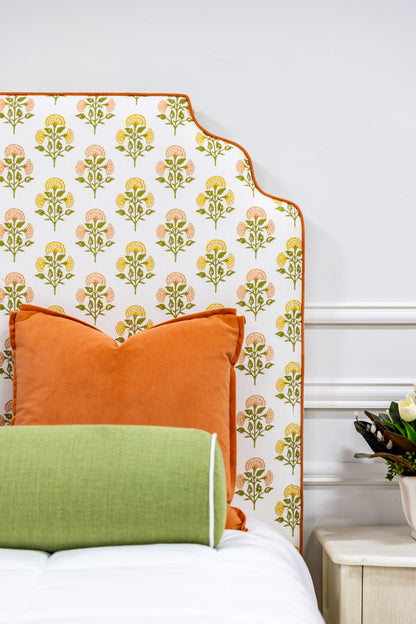 The Waverly Full Bed - Scalloped Base Farah Helena Fabric - Papaya Trim