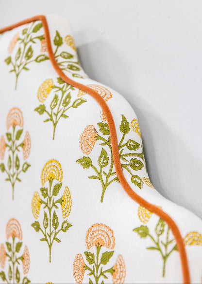 The Waverly Full Bed - Scalloped Base Farah Helena Fabric - Papaya Trim