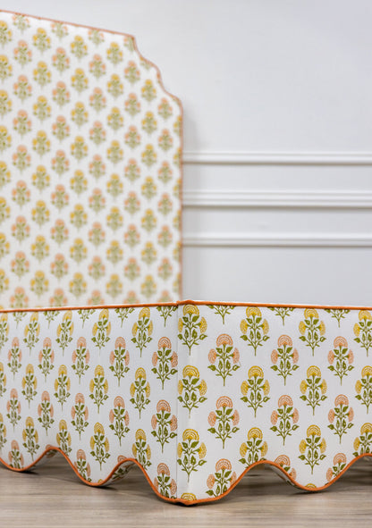 The Waverly Full Bed - Scalloped Base Farah Helena Fabric - Papaya Trim