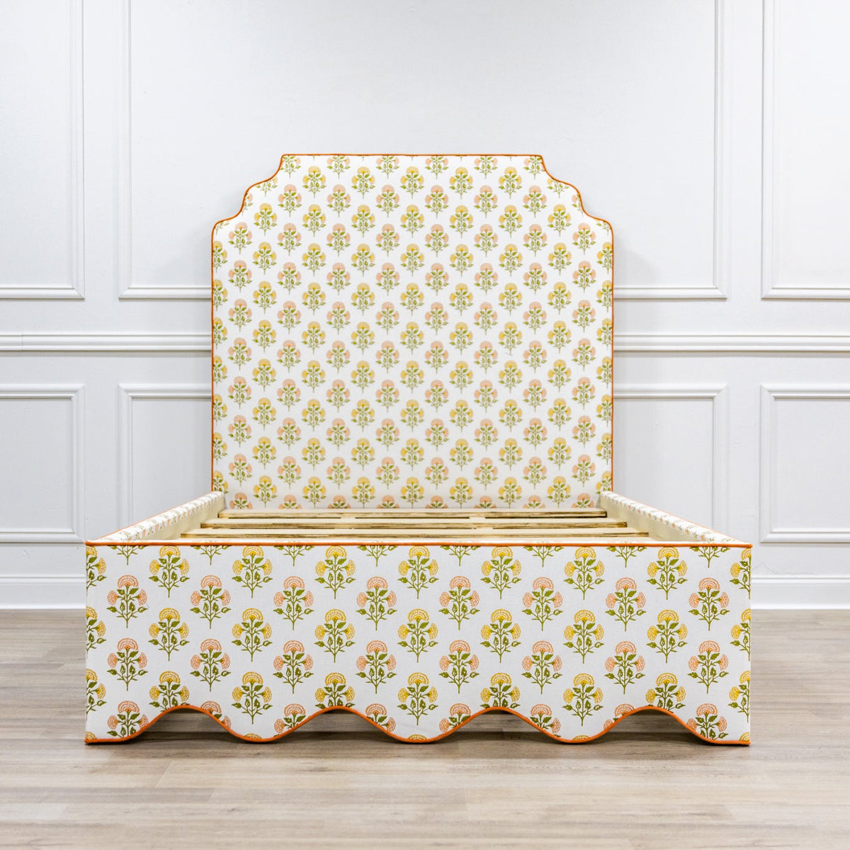 The Waverly Full Bed - Scalloped Base Farah Helena Fabric - Papaya Trim
