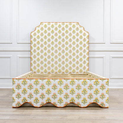 The Waverly Full Bed - Scalloped Base Farah Helena Fabric - Papaya Trim