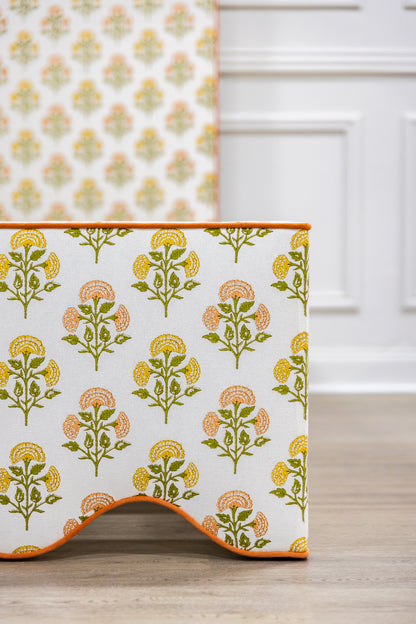 The Waverly Full Bed - Scalloped Base Farah Helena Fabric - Papaya Trim
