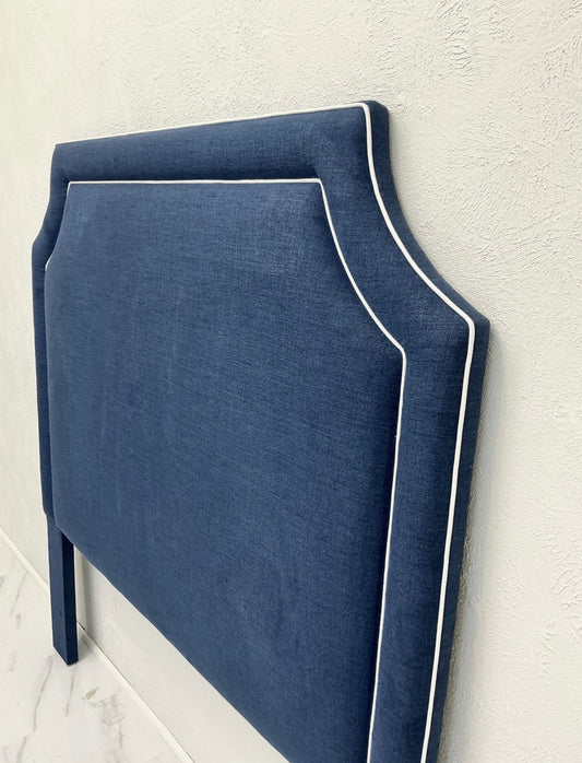 60” H Queen Headboard in Navy Woven Fabric - White Trim