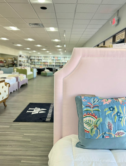 65” H Queen Upholstered Platform Bed - Scalloped Legs - Powder Pink Woven Fabric with White Trim