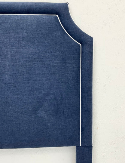 60” H Queen Headboard in Navy Woven Fabric - White Trim