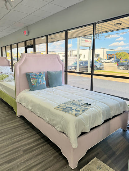 65” H Queen Upholstered Platform Bed - Scalloped Legs - Powder Pink Woven Fabric with White Trim