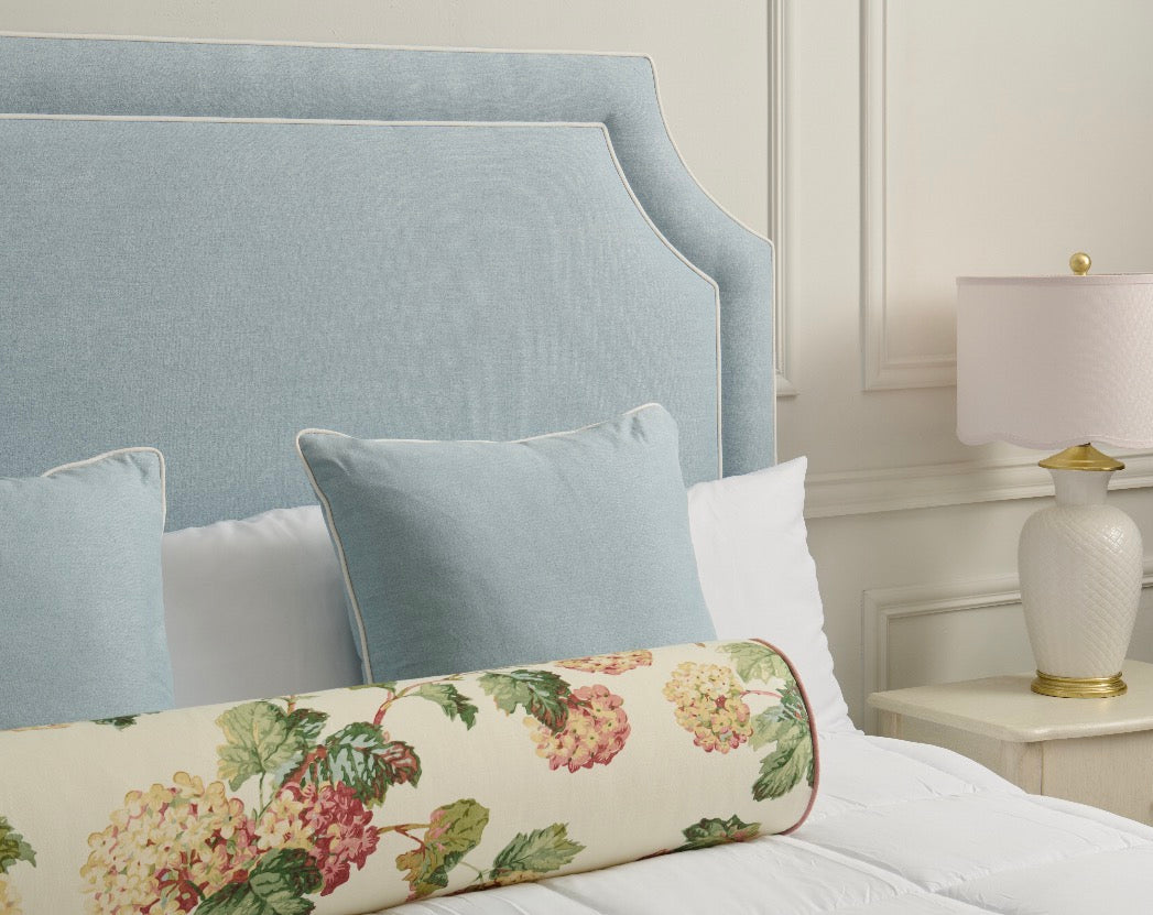 The Addison Queen Headboard - Sky Blue Woven Fabric - White Trim