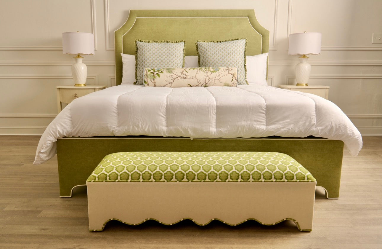 50” L Scalloped End of Bed Bench in Green Thibaut Fabric