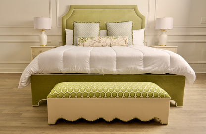 50” L Scalloped End of Bed Bench in Green Thibaut Fabric
