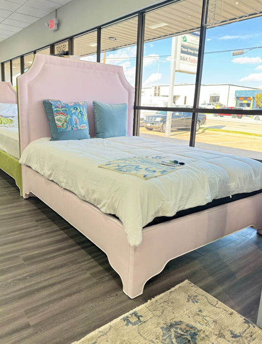 65” H Queen Upholstered Platform Bed - Scalloped Legs - Powder Pink Woven Fabric with White Trim