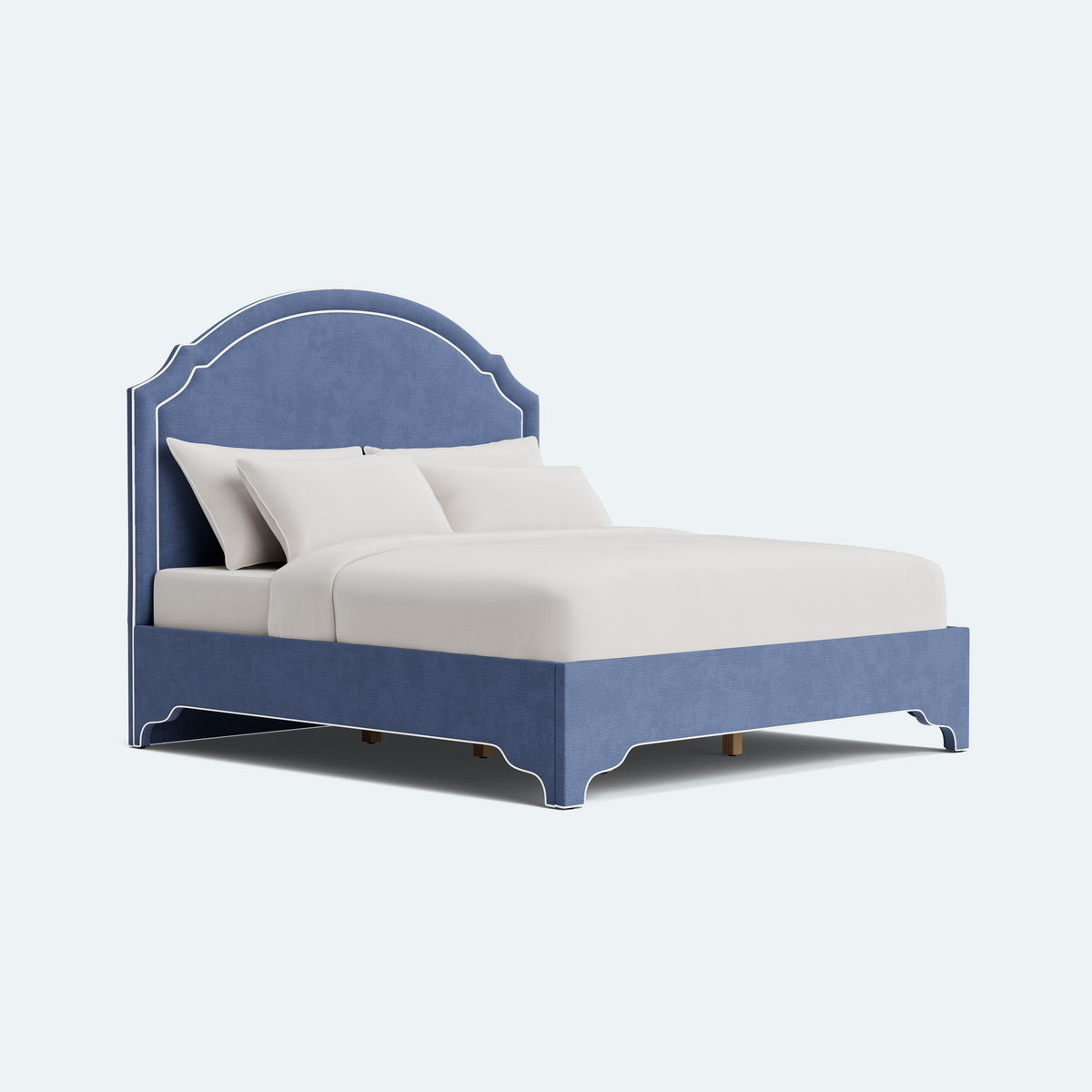 The Grace Queen Bed - Scalloped Legs - Navy Woven Fabric with White Trim