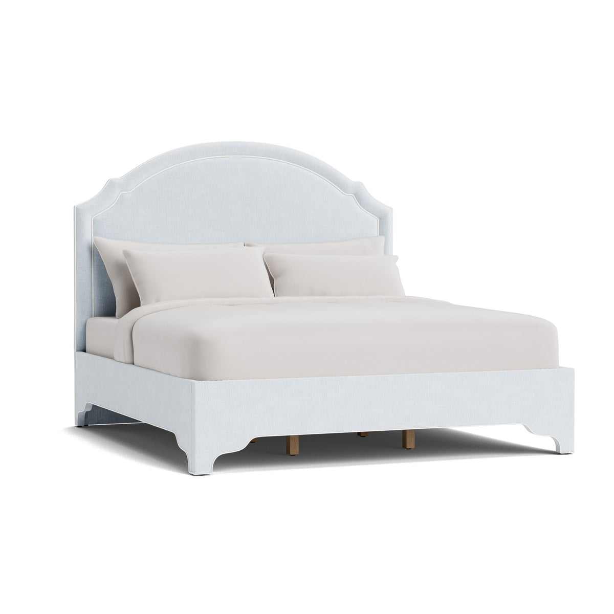 The Grace King Platform Bed - Scalloped Legs - Crypton Oxford Blue Fabric - White Trim