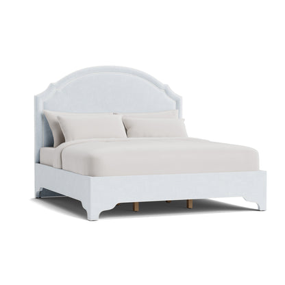 The Grace King Platform Bed - Scalloped Legs - Crypton Oxford Blue Fabric - White Trim