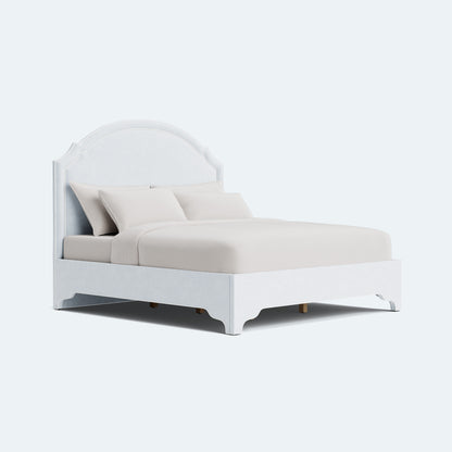 The Grace King Platform Bed - Scalloped Legs - Crypton Oxford Blue Fabric - White Trim