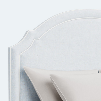 The Grace King Platform Bed - Scalloped Legs - Crypton Oxford Blue Fabric - White Trim