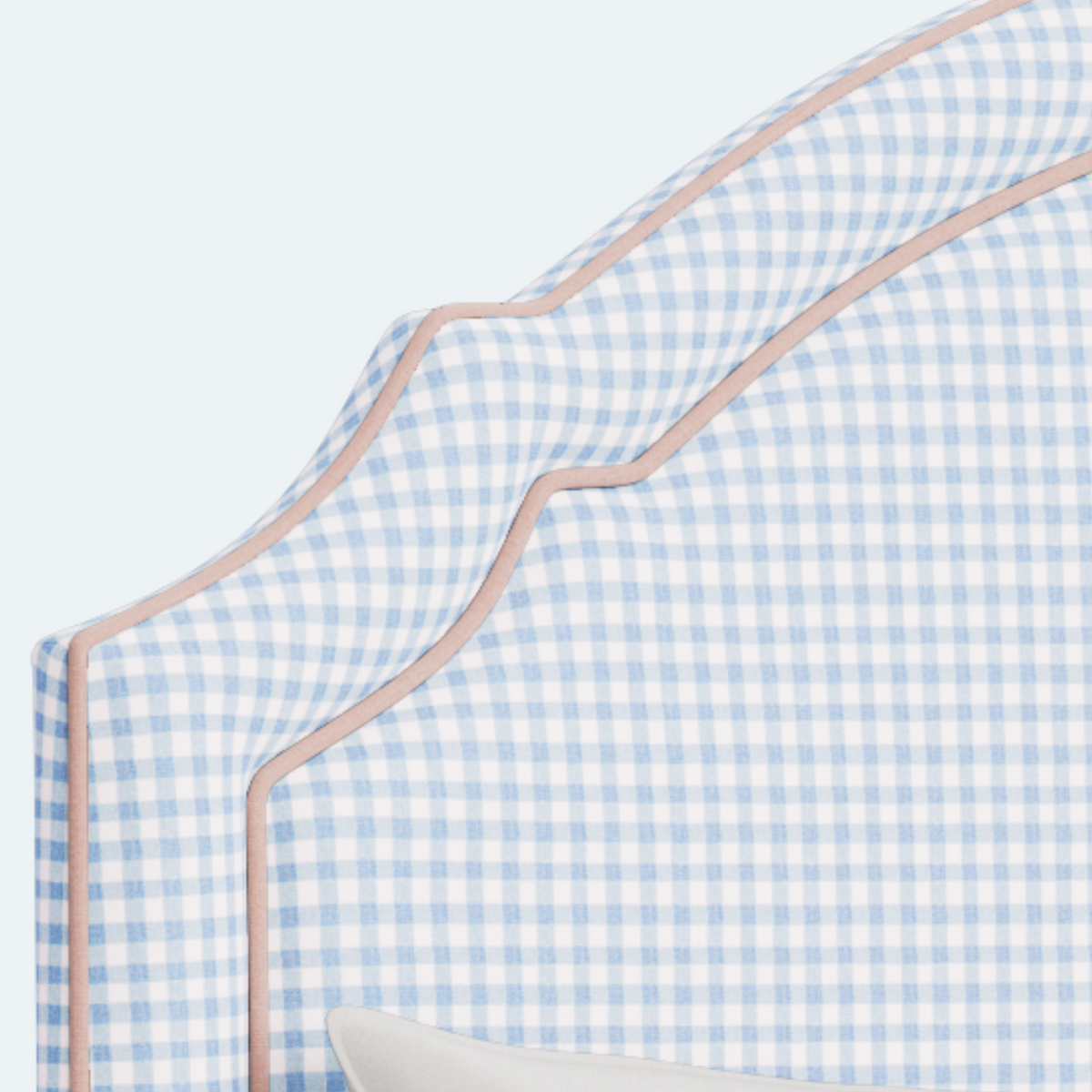 The Grace Queen Bed - Blue Gingham Fabric - Blush Pink Trim