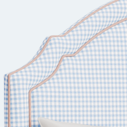 The Grace Queen Bed - Blue Gingham Fabric - Blush Pink Trim
