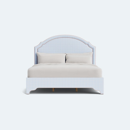The Grace Queen Bed - Blue Gingham Fabric - Blush Pink Trim
