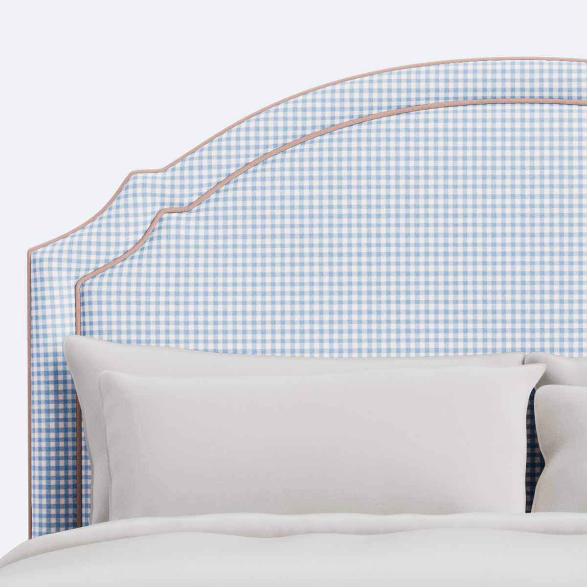 The Grace Queen Bed - Blue Gingham Fabric - Blush Pink Trim