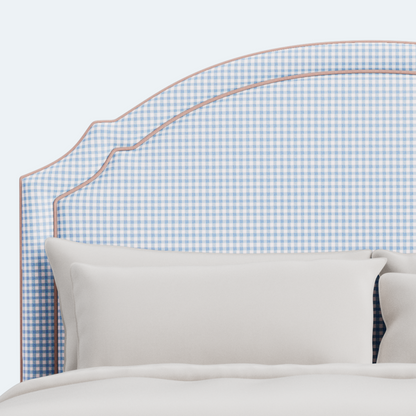 The Grace Queen Bed - Blue Gingham Fabric - Blush Pink Trim