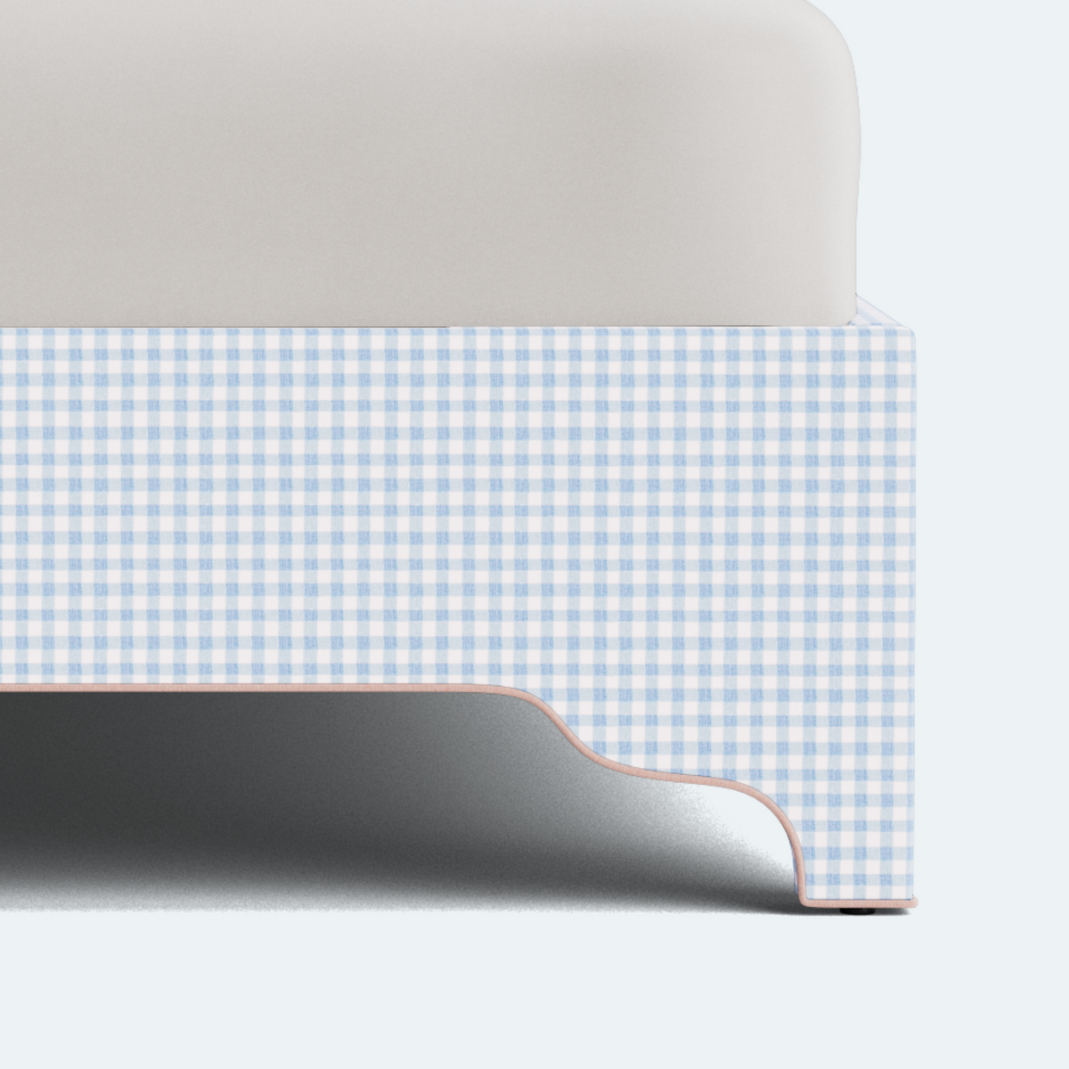 The Grace Queen Bed - Blue Gingham Fabric - Blush Pink Trim
