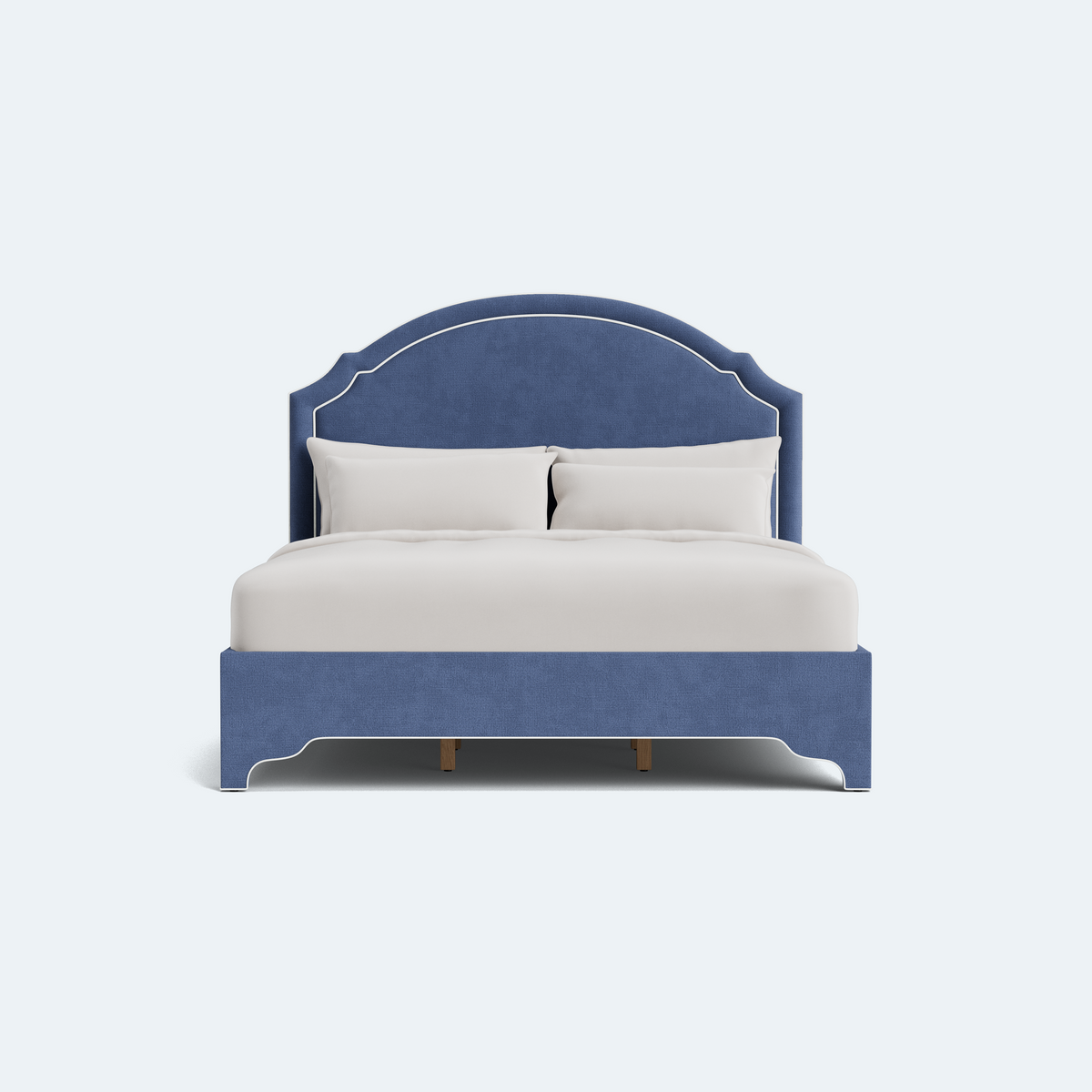 The Grace Queen Bed - Scalloped Legs - Navy Woven Fabric with White Trim
