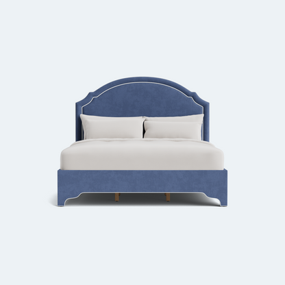 The Grace Queen Bed - Scalloped Legs - Navy Woven Fabric with White Trim